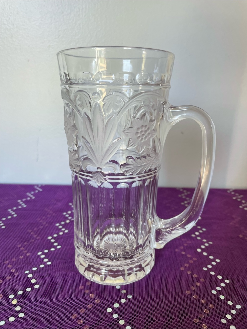 Clear Etched Glass Beer Mug with Floral Pattern
